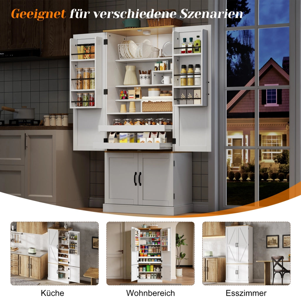 Dispensa alta con 3 ripiani sulla porta, 2 cassetti e luce con sensore per cucina in MDF bianco 80 × 40 × 180 cm