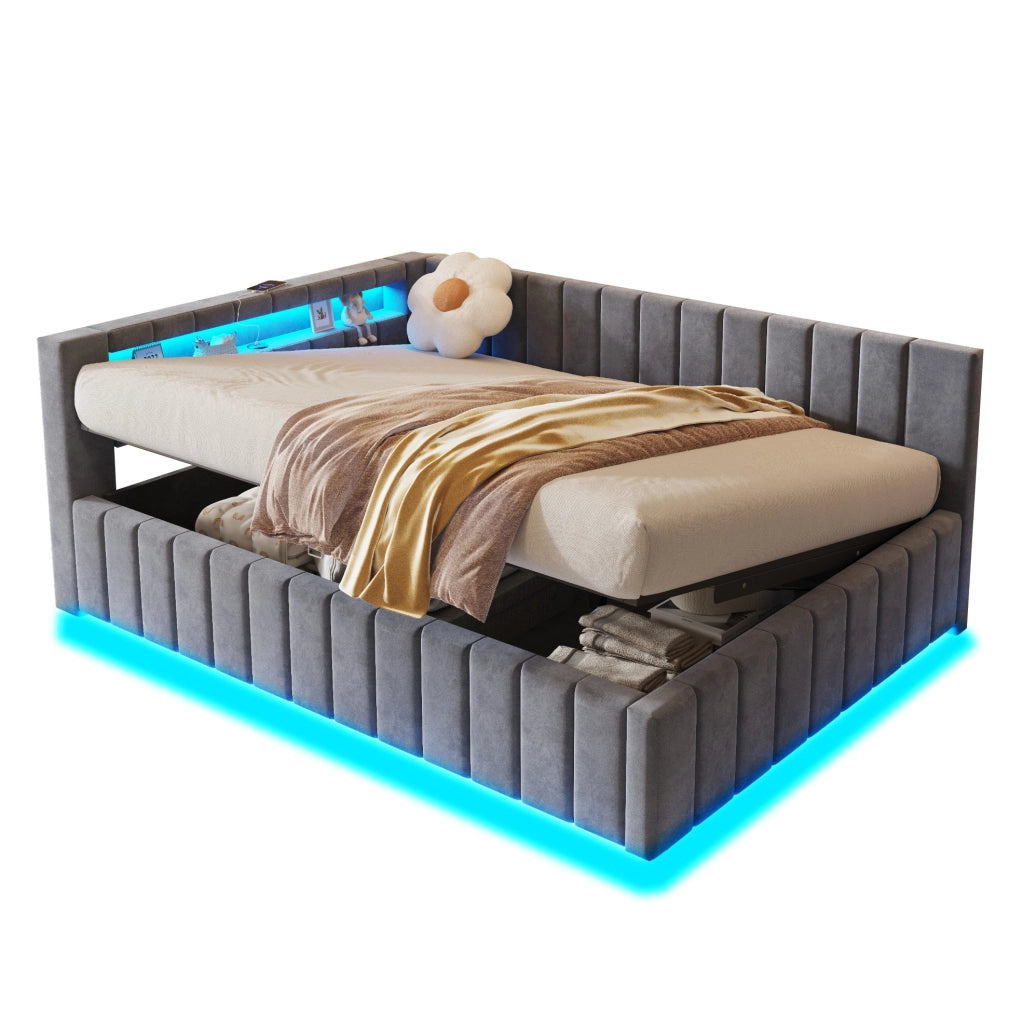 LETTO Contenitore 140x200 cm in velluto grigio con LED e USB