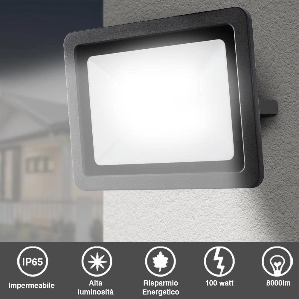 Faro Led 100W Luce Alta Luminosita 8000lm Faretto Esterno Slim Bianco Freddo