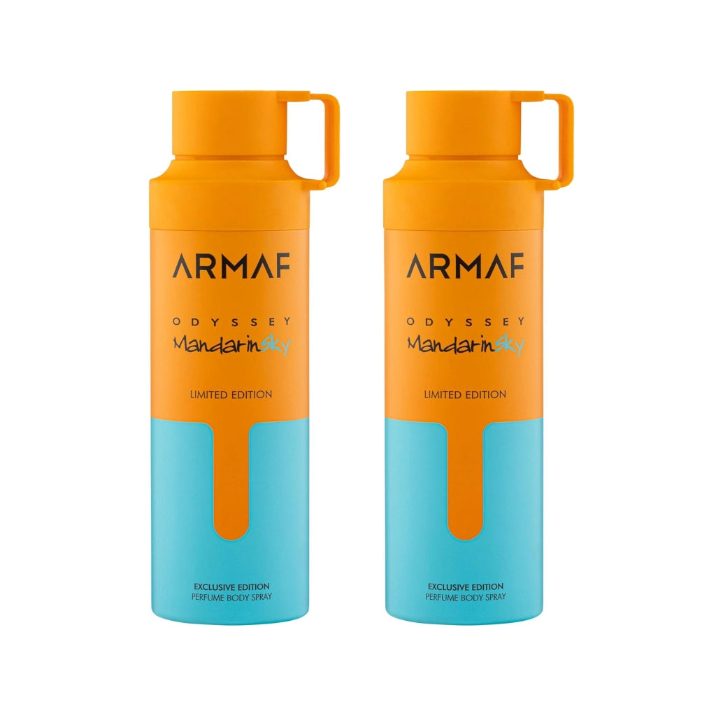 Armaf Odyssey Body Spray 200 ml – Set 2 Pezzi – Spray Corpo Profumato Uomo e Unisex – Fragranze Mandarin Sky, Mega, Candee, Limoni Fresh – 2 x 200 ml 2xMandarin Sky