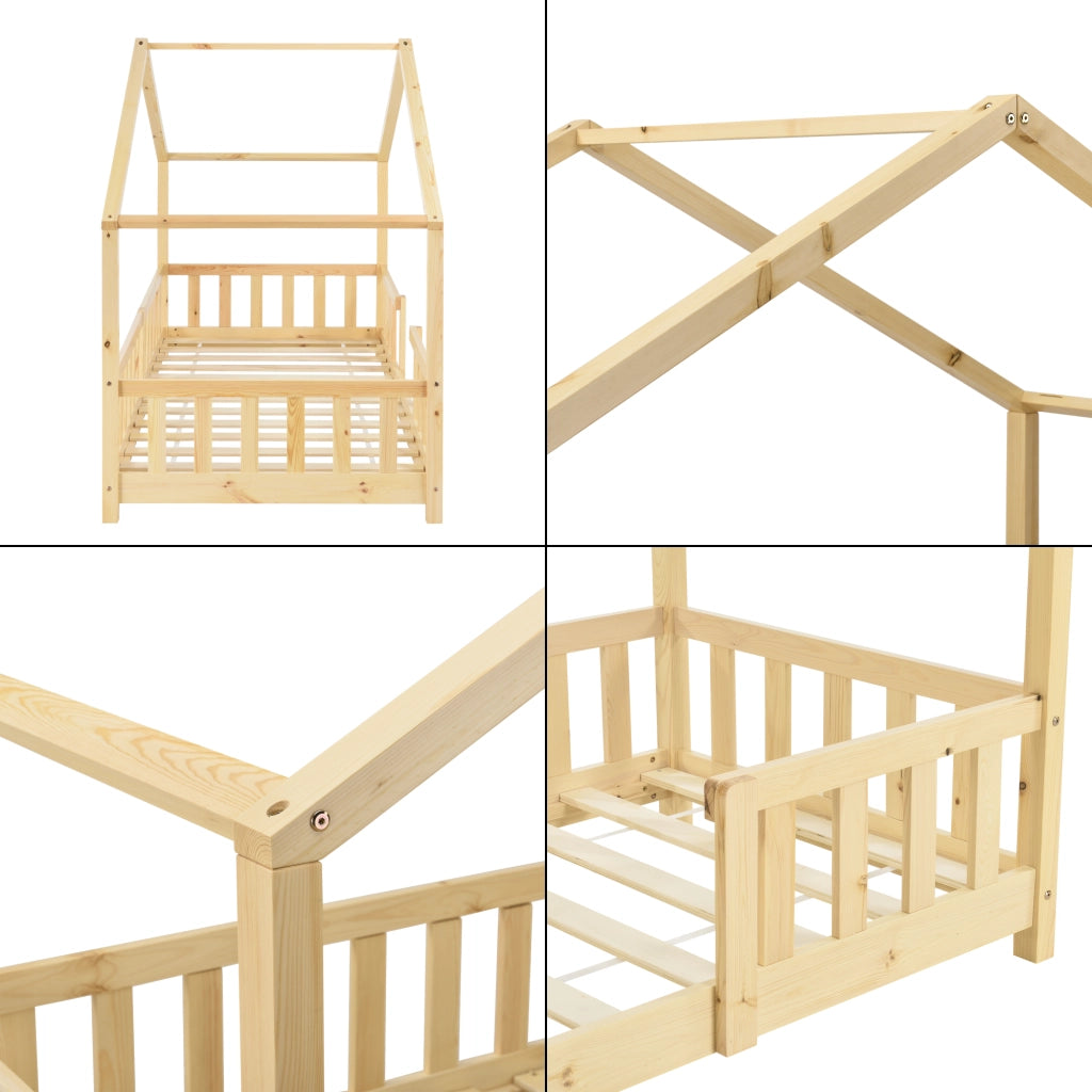 Letto per Cameretta Treviolo a Forma di Casetta 90x200 cm Legno Naturale [en.casa]