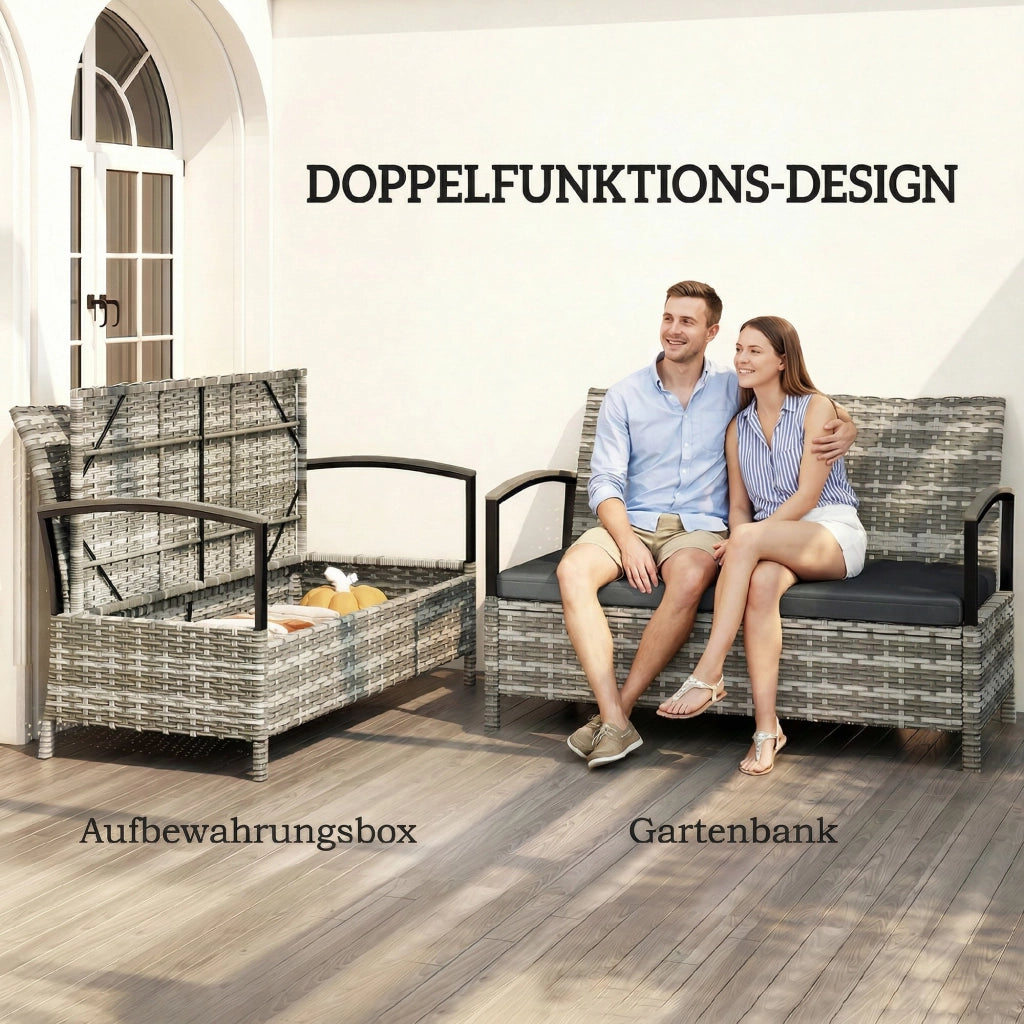 Panchina Giardino 2 Posti con Cuscini e Stoccaggio ¨C zephmum ¨C Poly Rattan Grigio Scuro 123x70x82