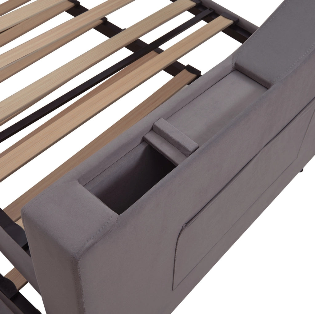 Divano letto imbottito estraibile 90x190 cm in velluto grigio con porte USB e vani contenitore