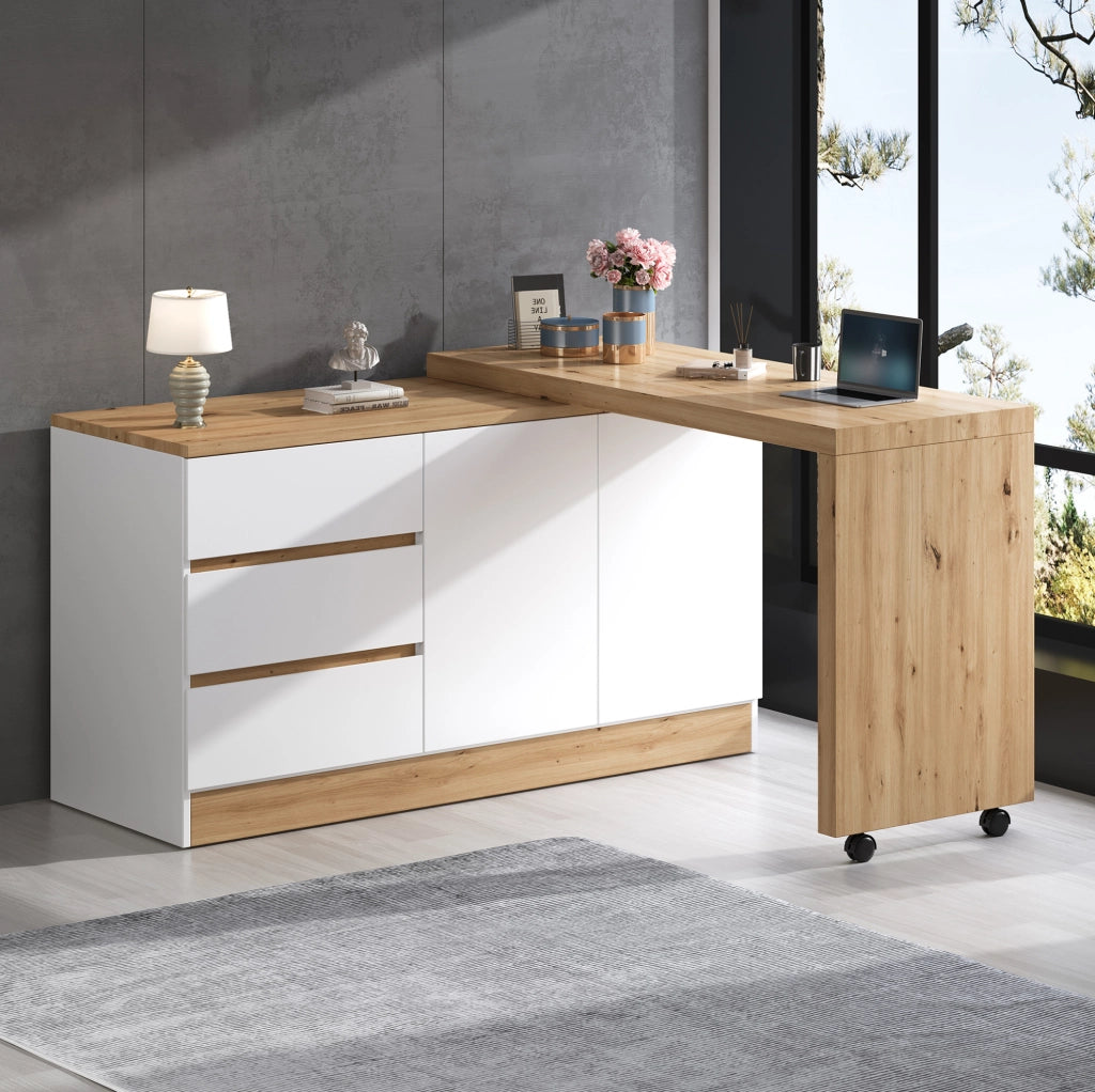 Scrivania pieghevole e girevole con 2 porte e 3 cassetti; 120x50x78 cm; bianco e rovere; in pannello truciolare