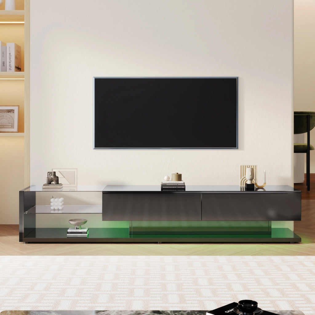 Mobile TV con 2 Cassetti e 2 Ripiani in Vetro con LED controllato da App; in Truciolare; Nero; 170×36×38 cm