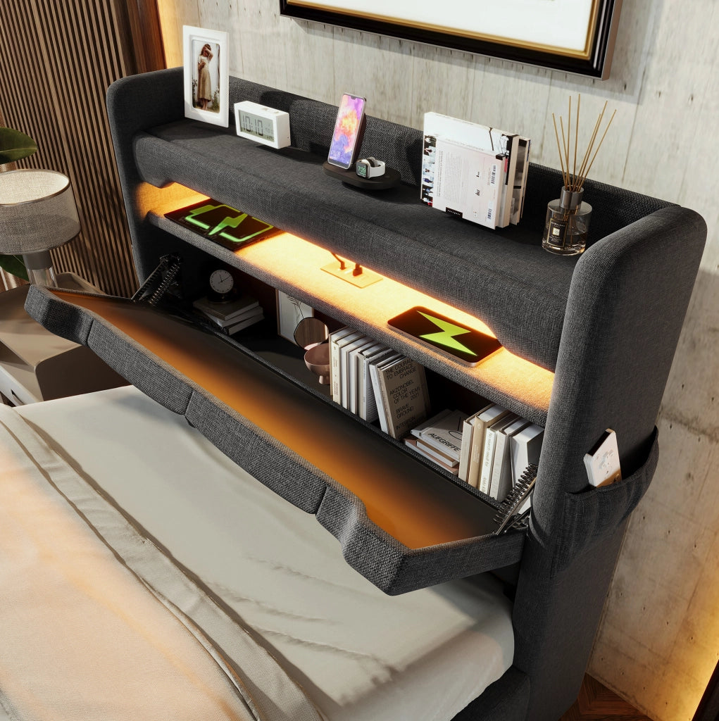 Letto singolo 90x200 cm con contenitore idraulico; LED 360掳; testiera con USB e Type-C; lino grigio