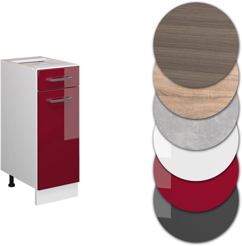 Mobiletto base per cucina R-Line, Rosso lucido, 30 cm senza piano di lavoro, per la libera combinazione all'interno di sistemi cucina modulari