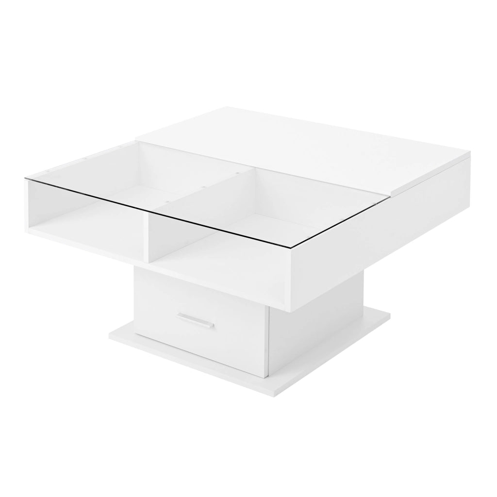 Tavolino sollevabile 78x78x45.5/59.5 cm; LED e spazio contenitore; truciolare bianco