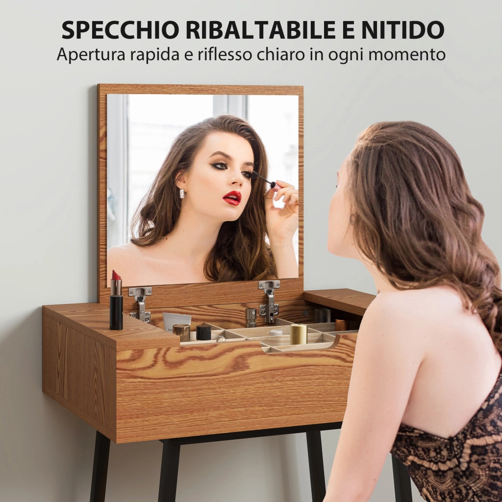 Tavolo Trucco Industriale con Specchio Ribaltabile e 16 Scomparti ¨C zephmum ¨C Legno e Acciaio, 60x40x90 cm
