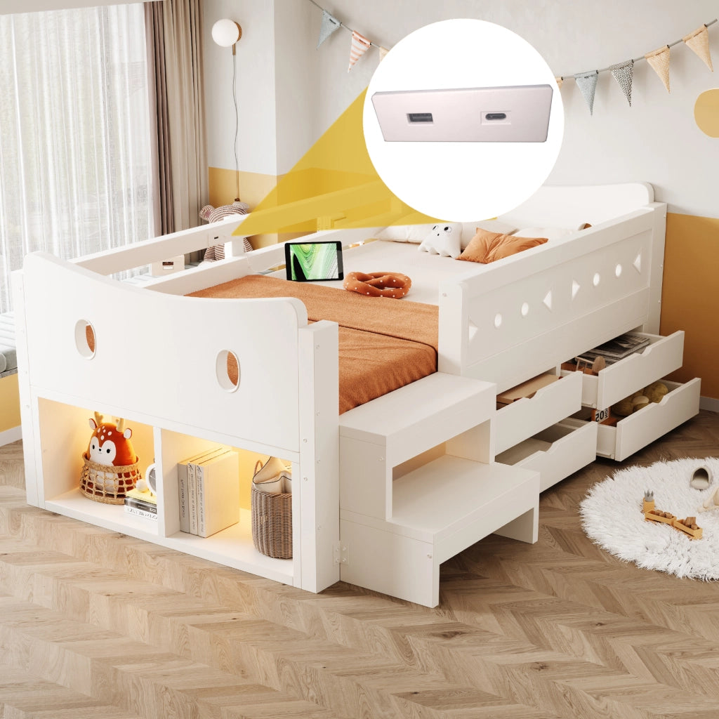 Letto singolo per bambini 90x200 cm con cassetti; testiera portaoggetti; sponda; LED; USB e USB-C; legno bianco