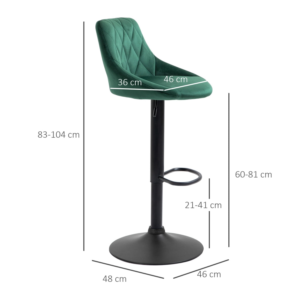Set 2 Sgabelli Alti con Schienale e Poggiapiedi, Sgabelli da Cucina Regolabili in Velluto, Base in Metallo, 46x48x83-104 cm, Verde