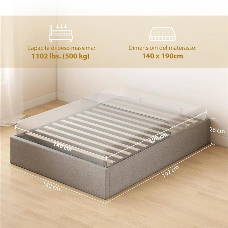 LETTO CONTENITORE MATRIMONIALE 190X140 CM, DOGHE IN LEGNO, PISTONE A GAS E RIVESTIMENTO IN TESSUTO, GRIGIO