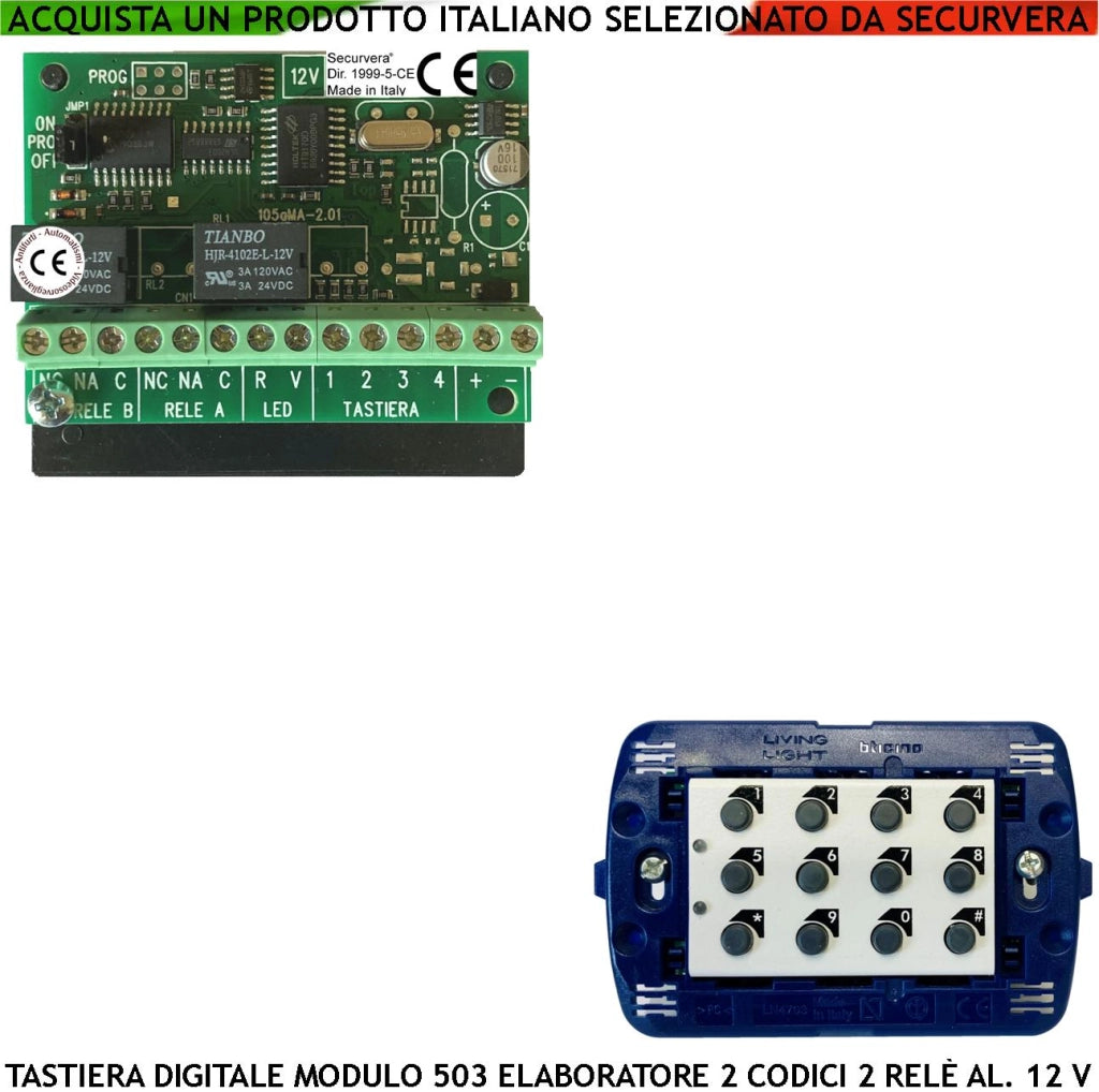 Tastiera Interna Elettronica Digitale Modulo 503 Set Elaboratore Remoto Gestisce 2 Attivazioni Antifurto Alimentazione 12 V Codici DTMF 6 Cifre 2 Led e 2 Relè Con Funzioni Programmabili Protezine IP44