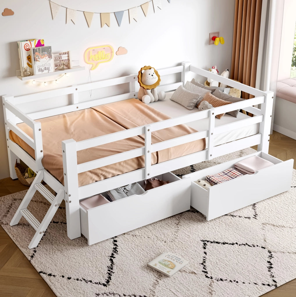 Letto a piattaforma 90x200 cm con 2 cassetti in MDF e compensato bianco