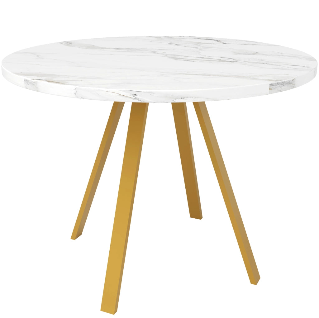 Set da pranzo 80x80x75 cm con 4 sedie; piano in MDF e gambe in ferro; bianco e oro