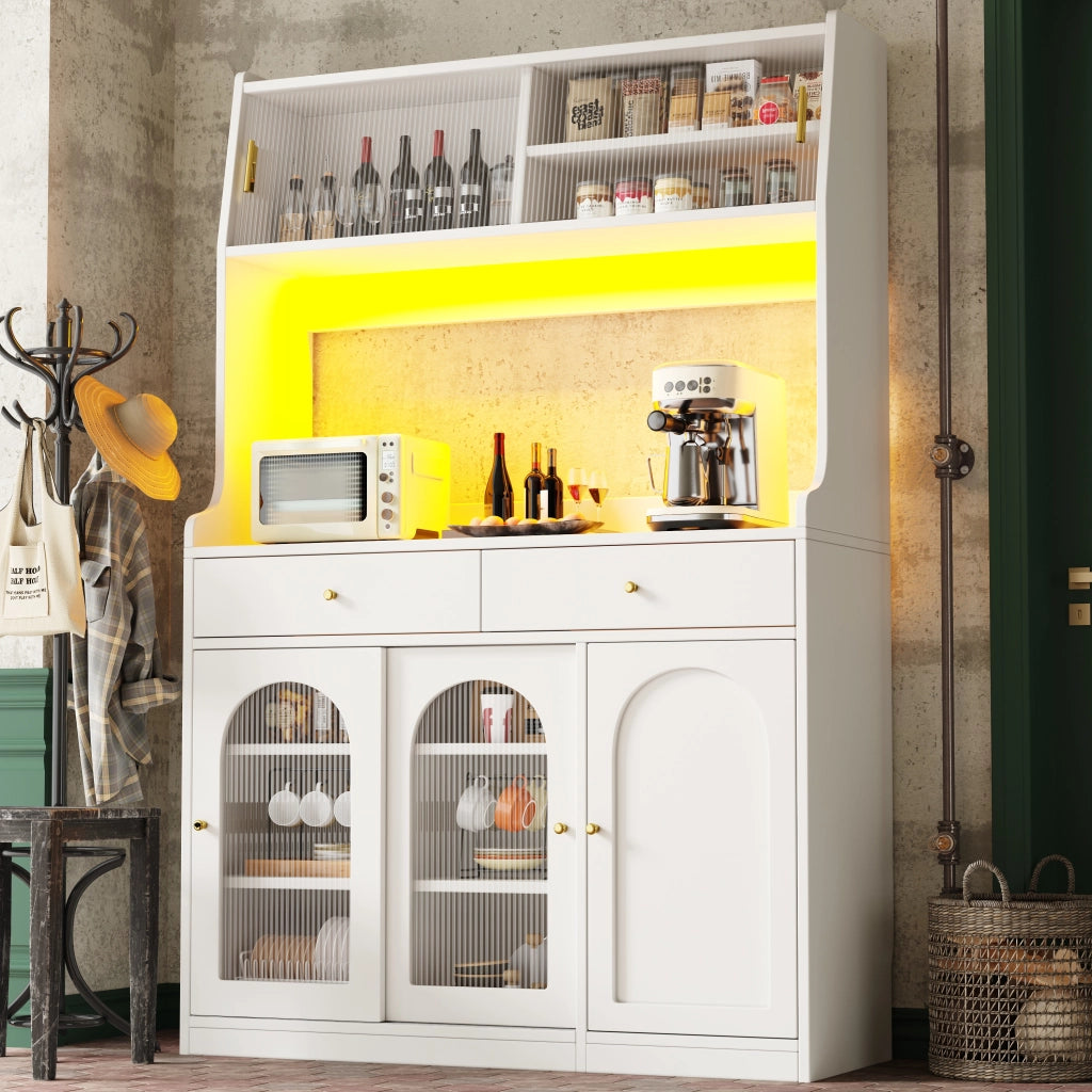 Credenza da Cucina Alta Vetrina con 2 Cassetti e Ripiani Regolabili e LED per Cucina in MDF e Pannelli Bianco 120x40x180 cm