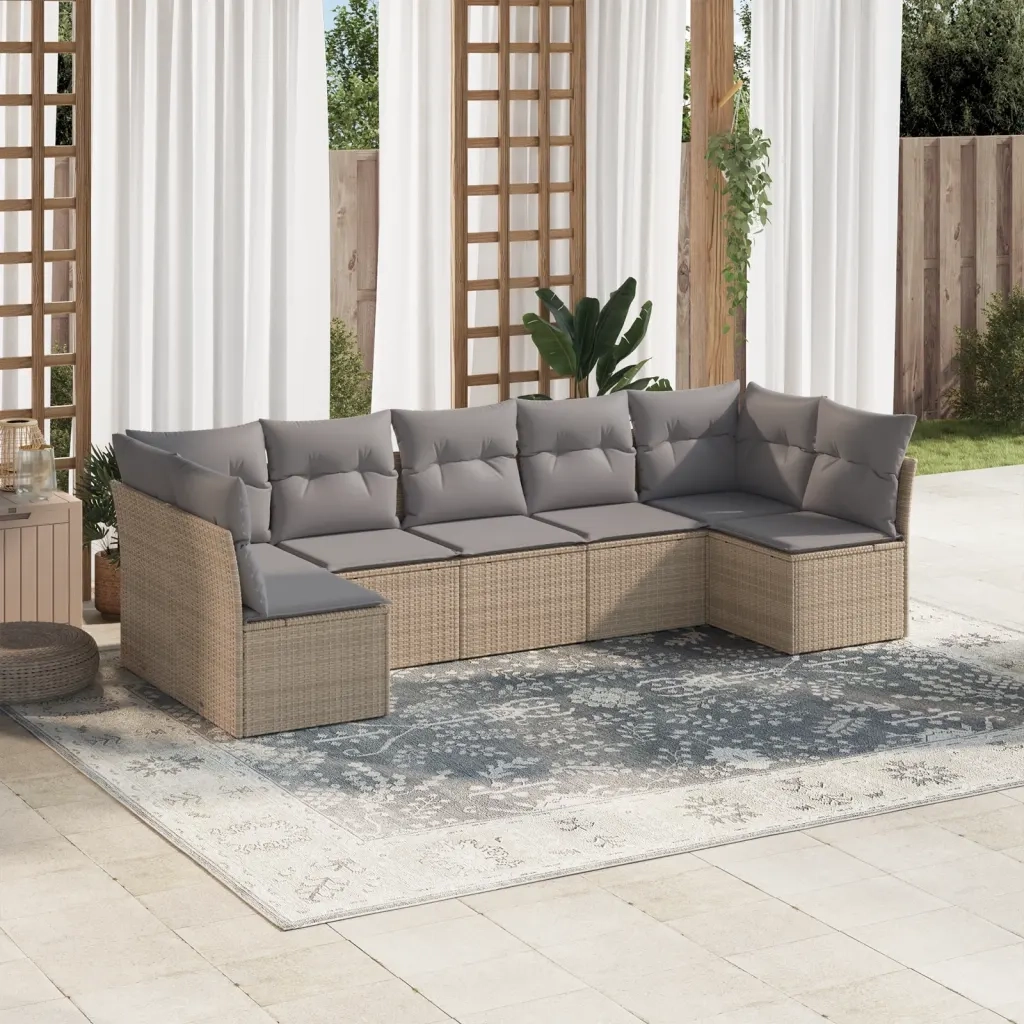 Set Divani da Giardino 7 pz con Cuscini Beige in Polyrattan 3249268