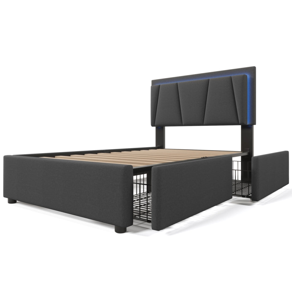 Letto singolo 90x200 cm con LED e 2 cassetti; testiera regolabile; tessuto grigio