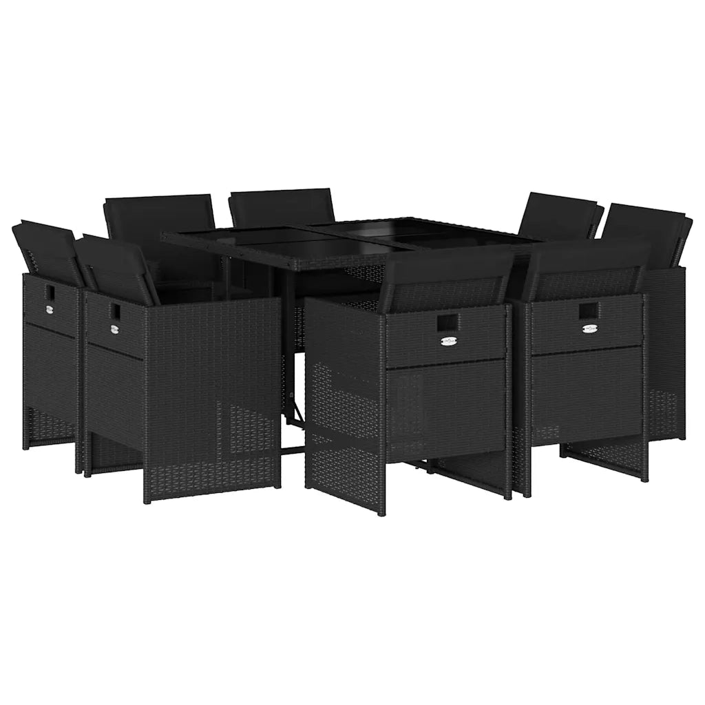 Set da Pranzo da Giardino 9 pz con Cuscini Nero in Polyrattan 3277782