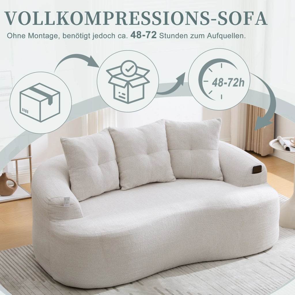 Divano a 2 posti in chenille con molle insacchettate e schiuma compressa senza montaggio beige 164 × 92 × 60 cm