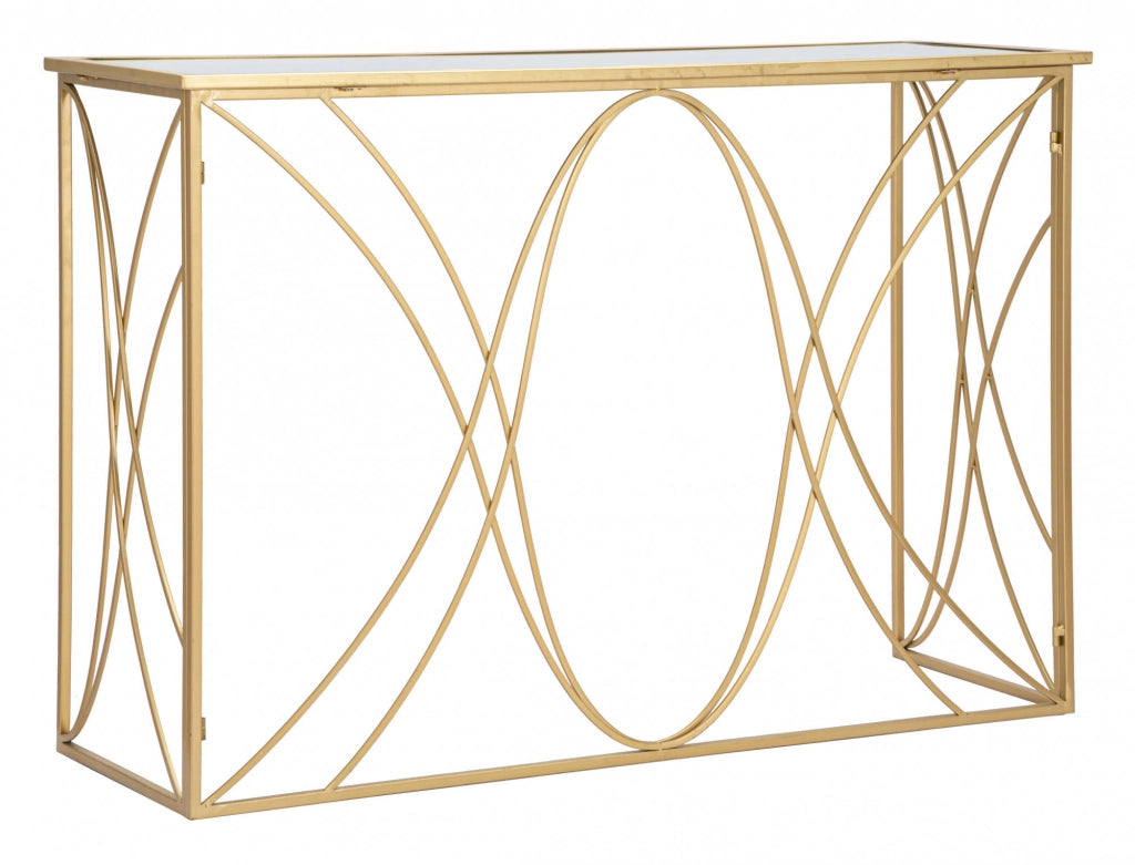 Console elegante, in metallo dorato, con piano in vetro a specchio, colore oro, Misure 40 x 80 x 120 cm