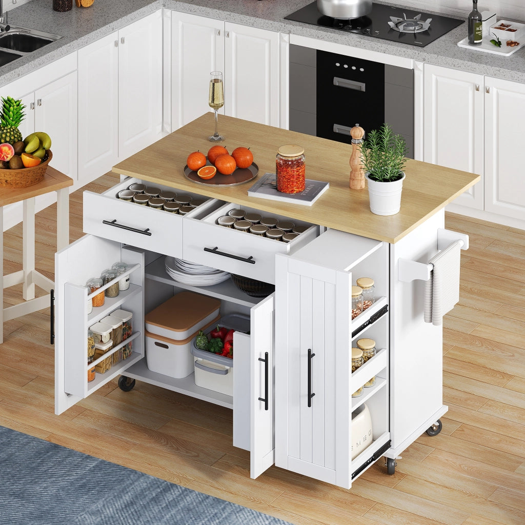 Carrello da Cucina con 2 Cassetti; Vano Estraibile a 3 Livelli; Piano Ribaltabile e Ruote; 120 x 40(65) x 90 cm