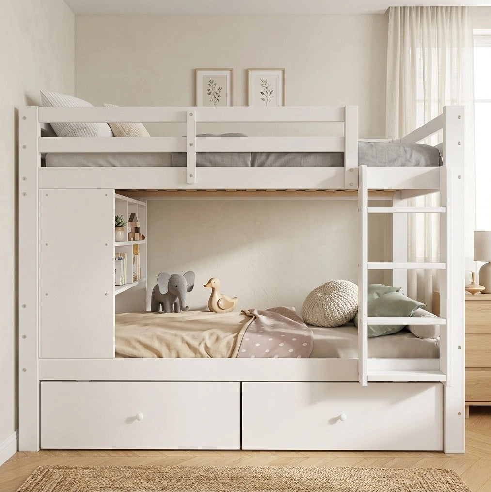 Letto a castello bianco 90x200 cm in legno con cassetti e ripiano