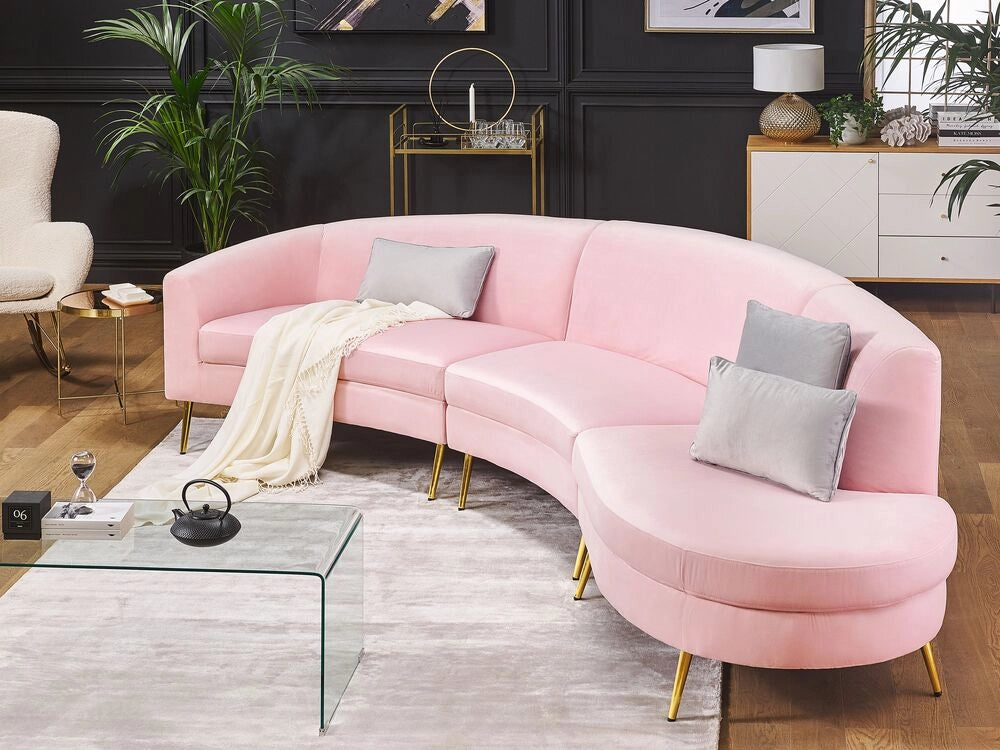 Divano 4 posti in velluto rosa seduta posteriore gambe in metallo dorato retro