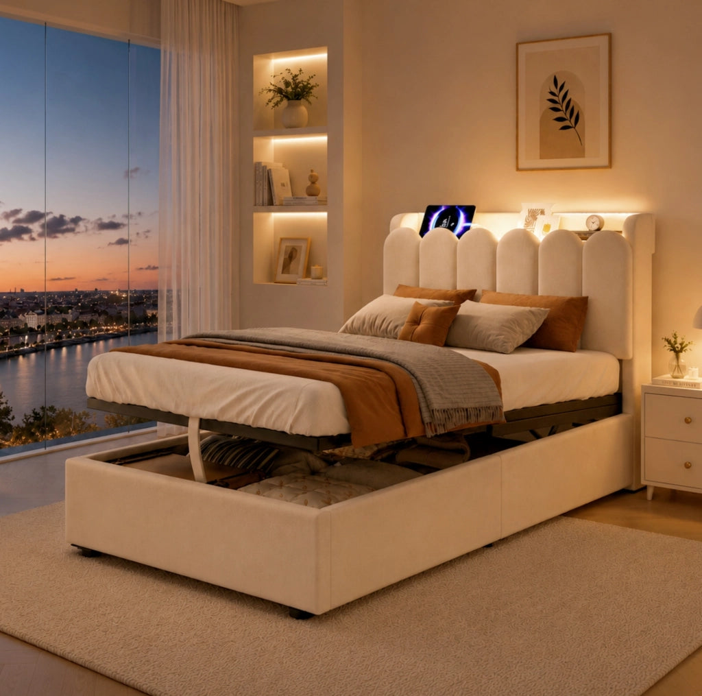 Letto imbottito 90x200 cm con contenitore; prese USB e Type-C; luce notturna in velluto beige