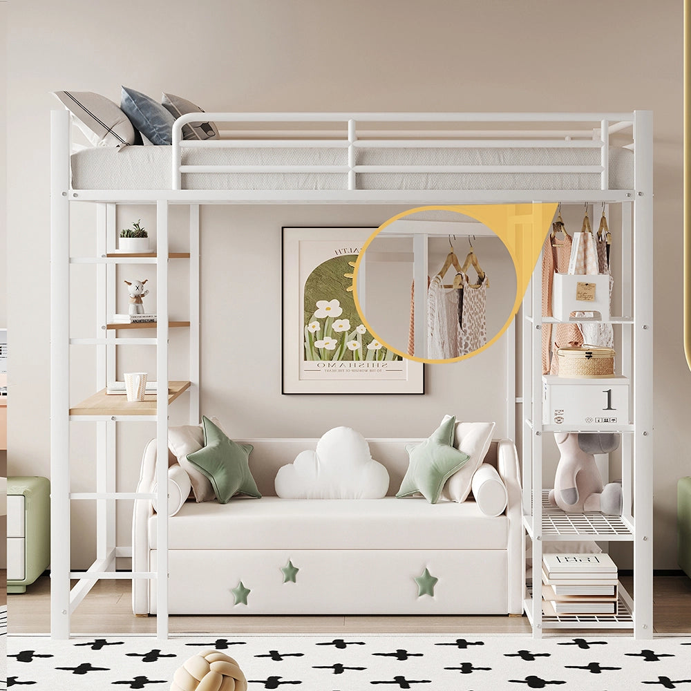 Letto a castello 140x200 cm - Xylo - Bianco con scala, scrivania e spazio di archiviazione