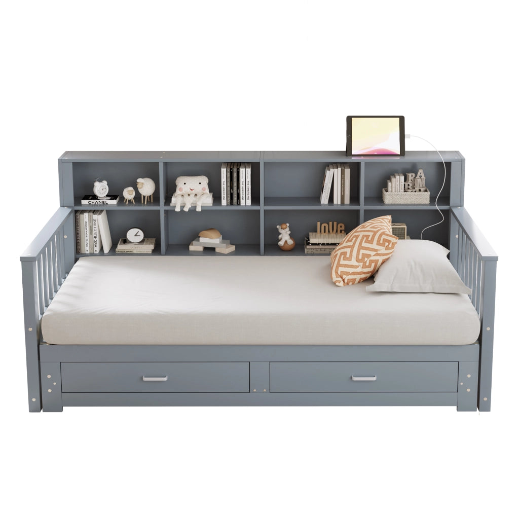 Divano letto estraibile multifunzionale 90x190 cm in legno; grigio