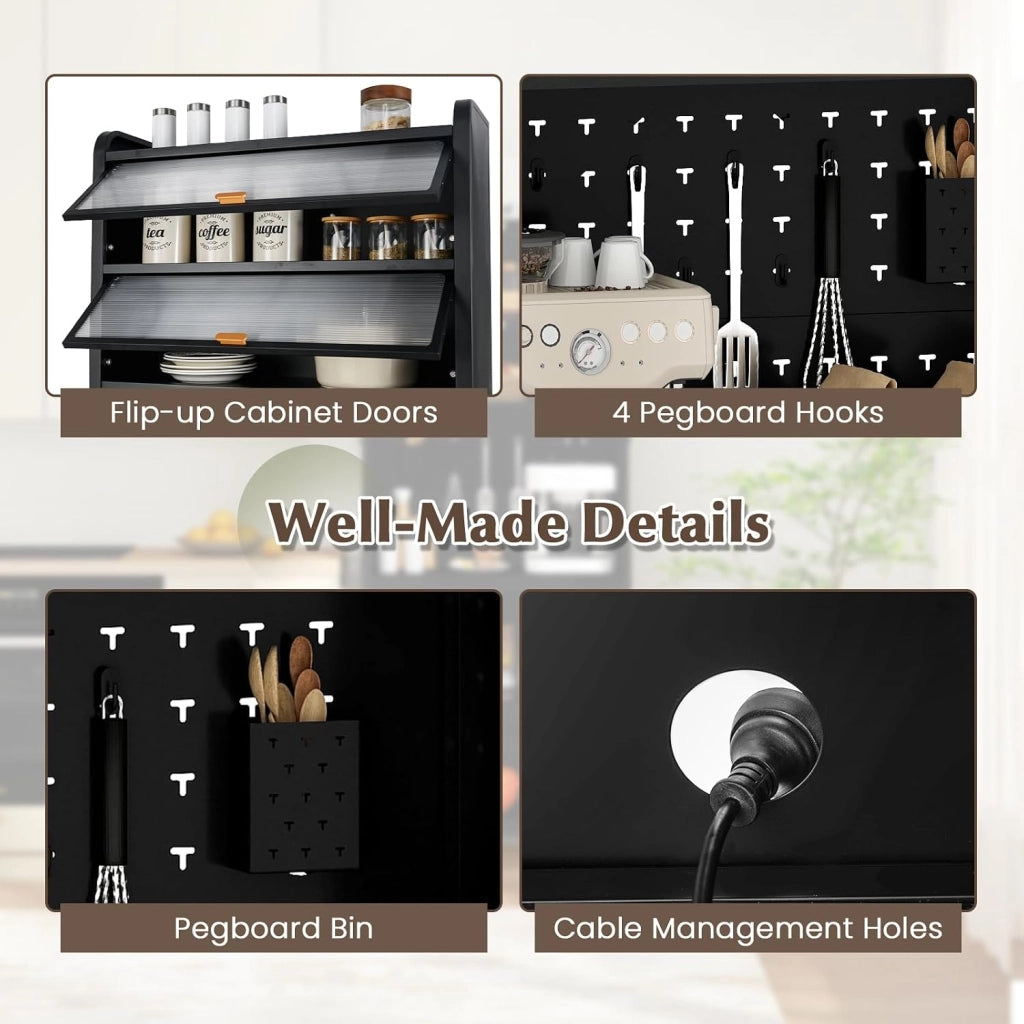 Credenza da cucina a 6 livelli, armadio a buffet con pannello di perforazione, ante apribili e ripiano regolabile, mobile in metallo con 4 ruote estraibili