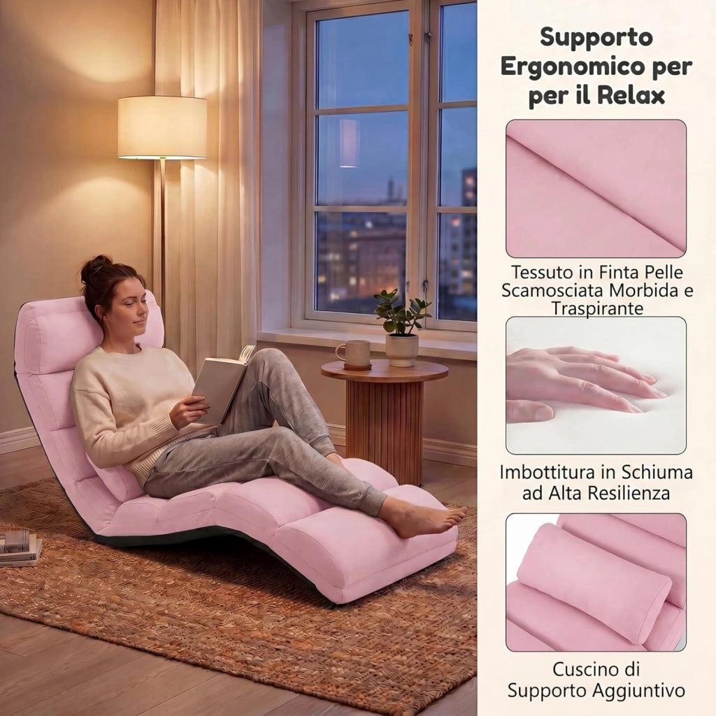 Poltrona Relax, Sedia Pieghevole da Pavimento, Divano Letto da Terra con Cuscino e Schienale Regolabile in 5 Posizioni, Sedia Imbottita Relax per Soggiorno, Camera da Letto (Rosa)