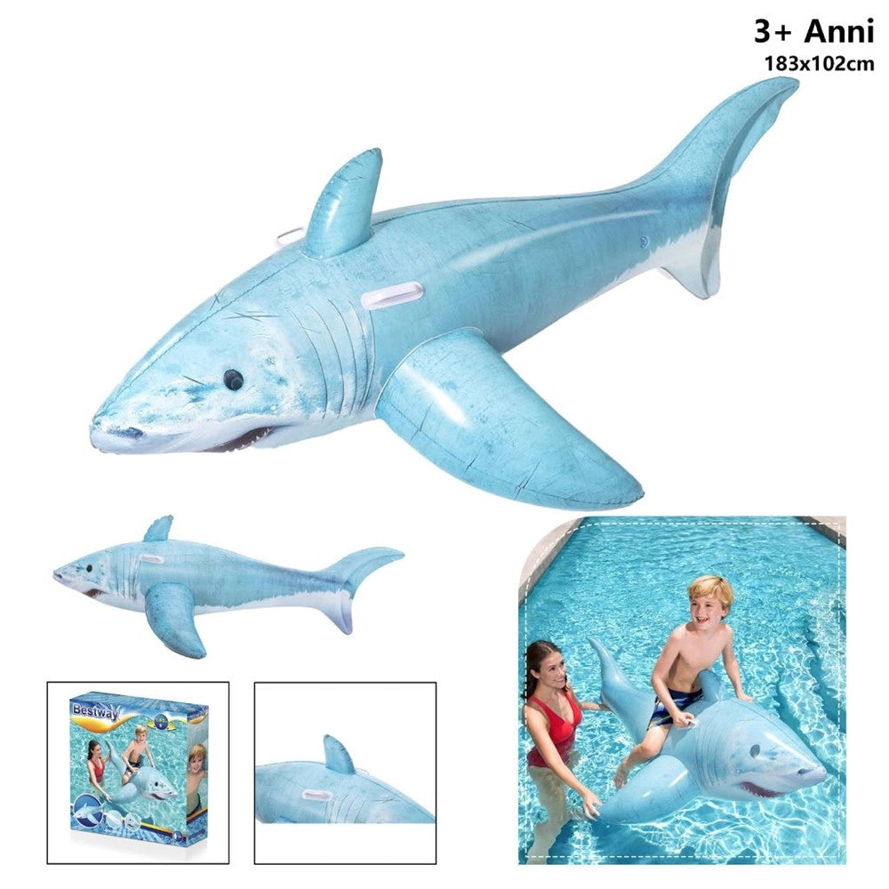 Trade Shop - Cavalcabile Gonfiabile A Forma Di Squalo 3d Con Maniglie 183x102cm Piscina 41405 -