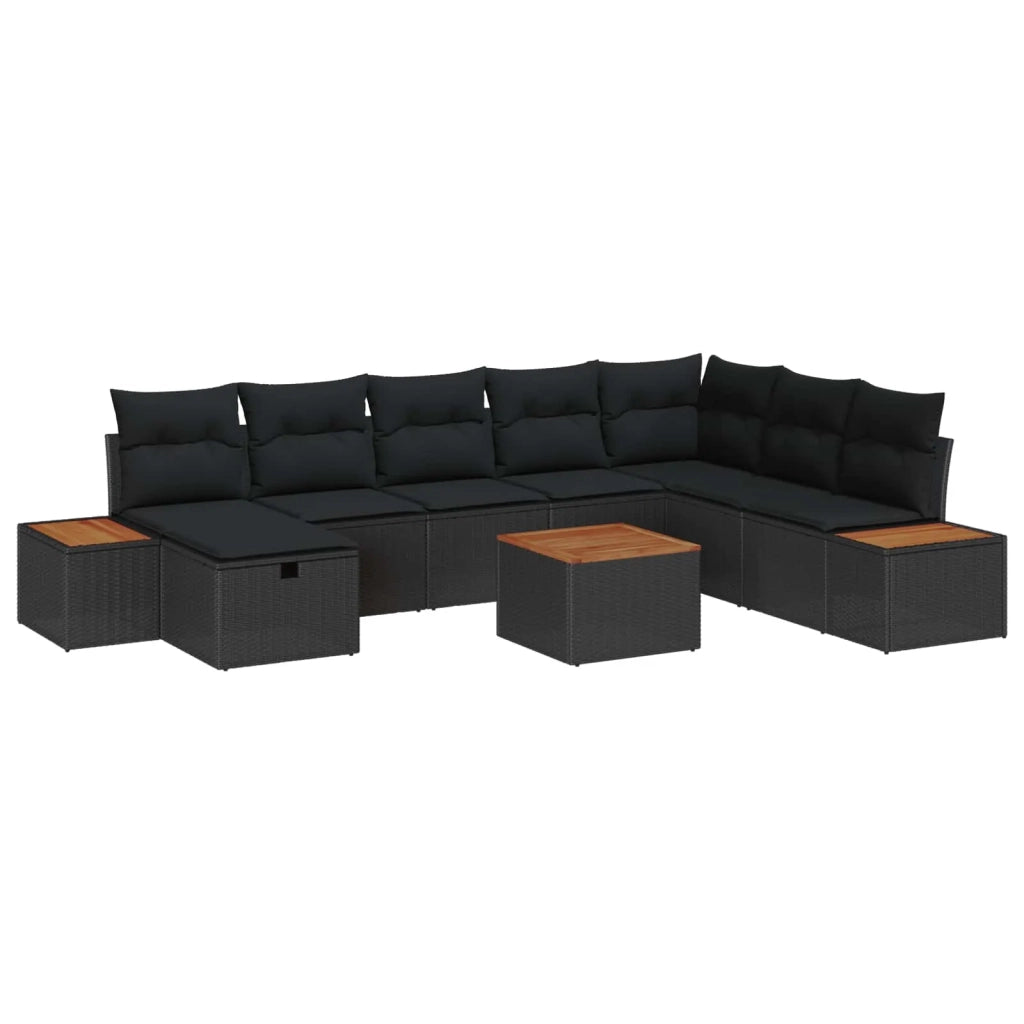 Set Divano da Giardino con cuscino 9 pcs Nero Poly Rattan