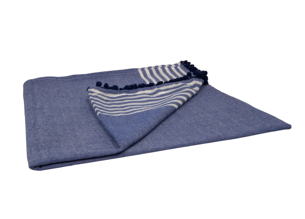 Telo Mare Fouta Spiaggia 100% Cotone Modello Lurex Con Pon Pon - Telo Mare - Blu