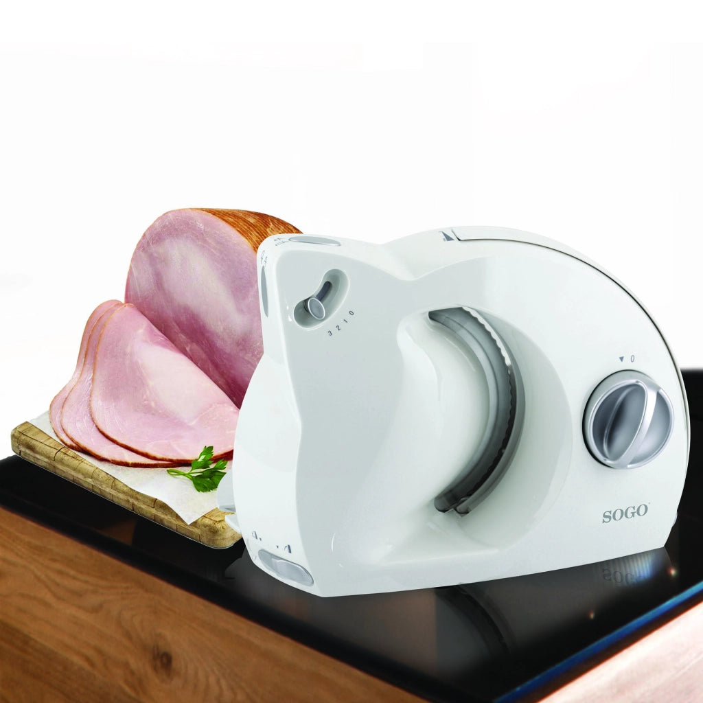 Affettatrice elettrica per salumi e formaggi, lama acciaio inox 170mm, 3 velocità regolabili, taglio da 0 a 15mm 150W - SOGO