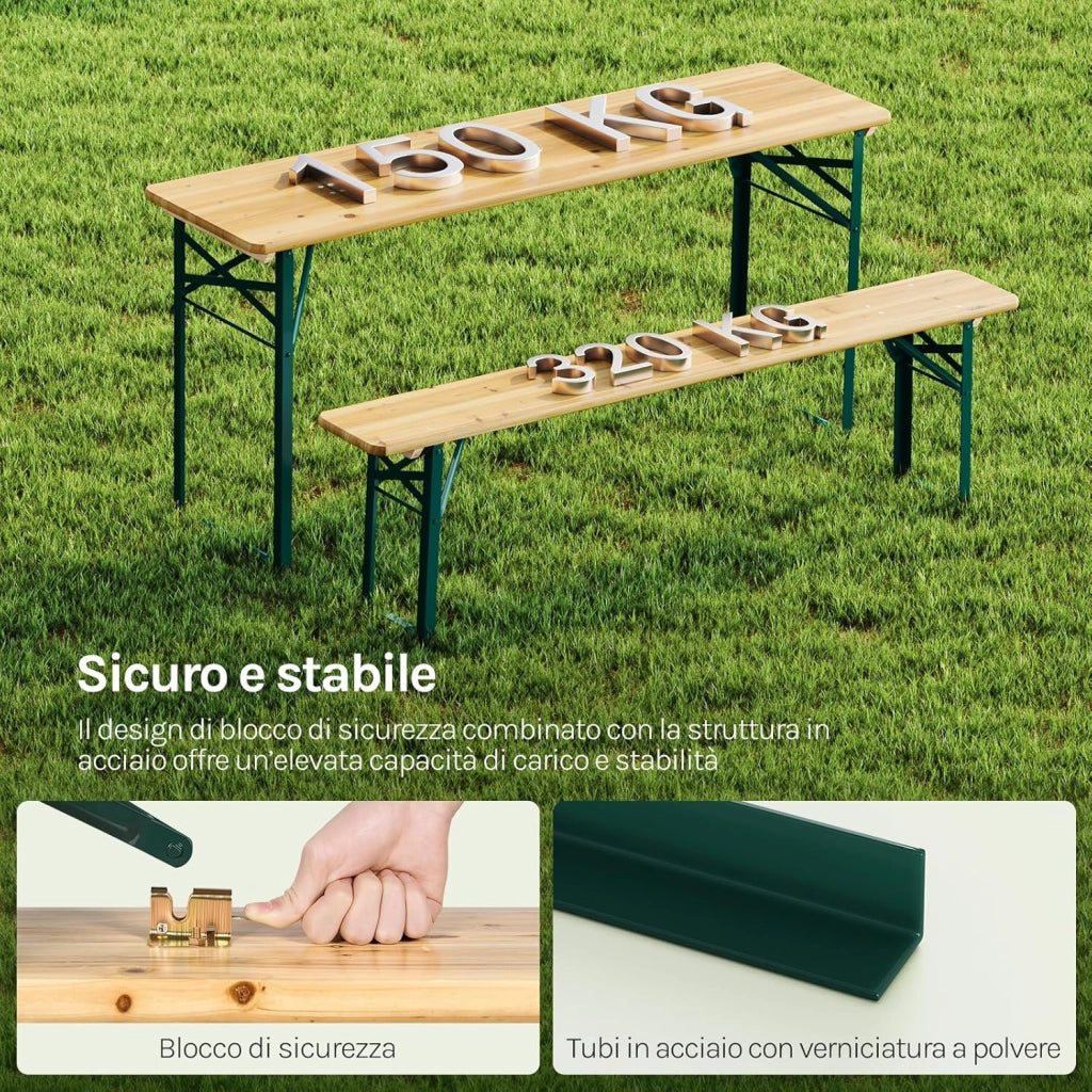 Set Birreria 3 Pezzi con Tavolo e 2 Panche Pieghevoli, Set Giardino Esterno con Anelli per Ombrellone, Resistente alle Intemperie e Facile da Pulire, per Campeggio, Terrazza, in Legno Naturale