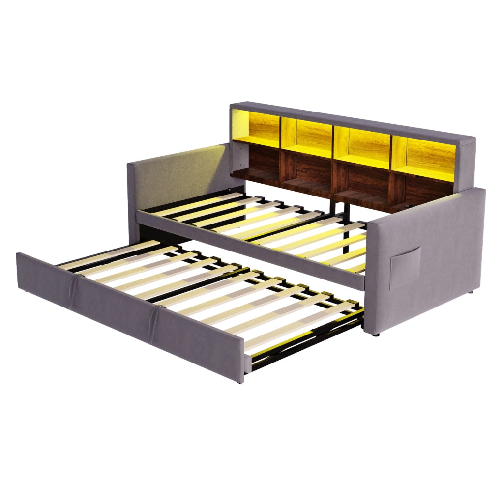 Divano letto imbottito 90x190 cm con letto estraibile; LED; prese USB/Type-C; velluto grigio