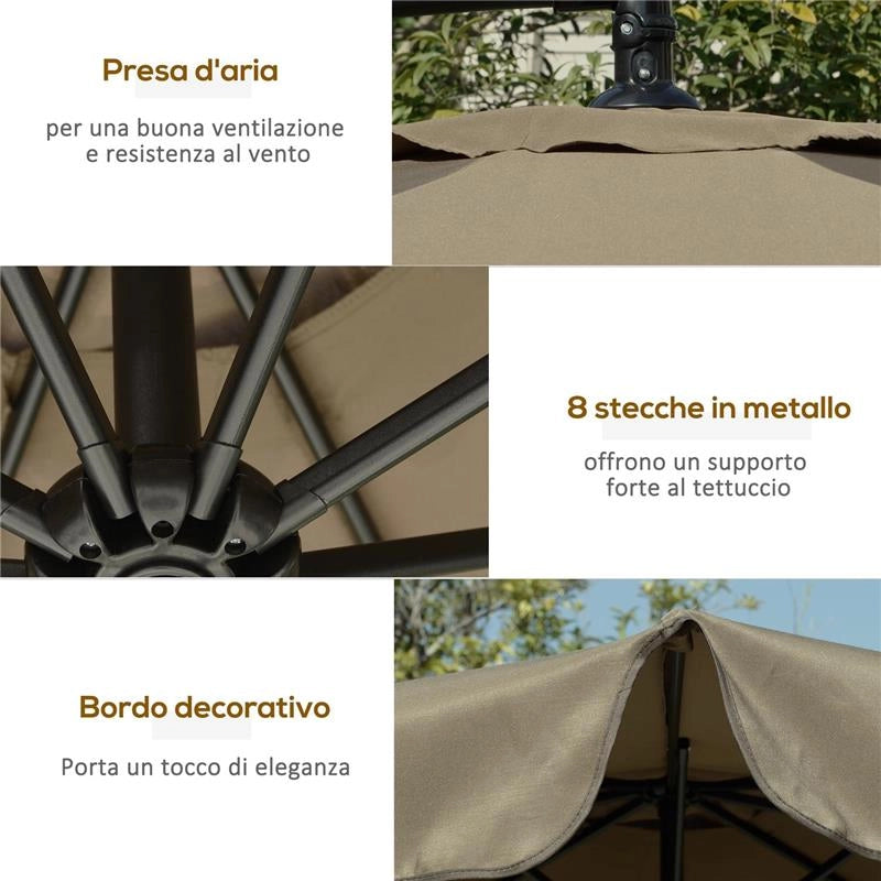 OMBRELLONE DA GIARDINO A BRACCIO CON APERTURA A MANOVELLA IN METALLO E POLIESTERE Ø 2.7X2.7 M CAFFÈ