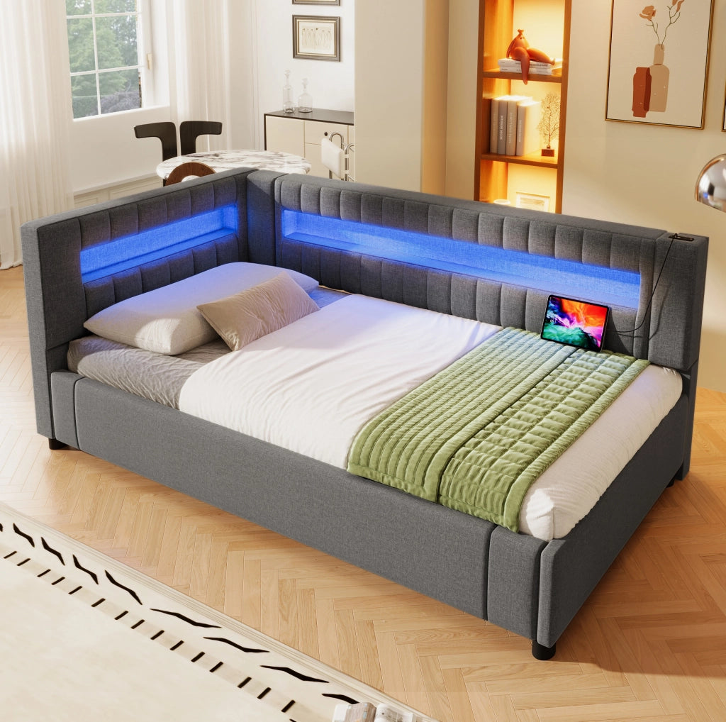 Letto daybed 90x200 cm in lino grigio con LED; contenitore idraulico; USB e Type-C