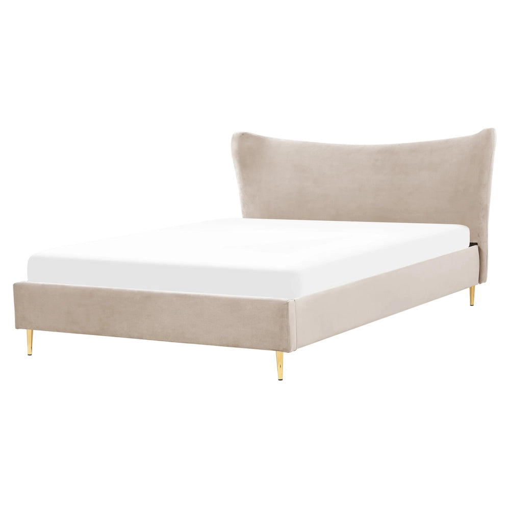 Letto con giroletto in velluto beige e grigio 160 x 200 cm testata imbottita gambe dorate stile glamour moderno