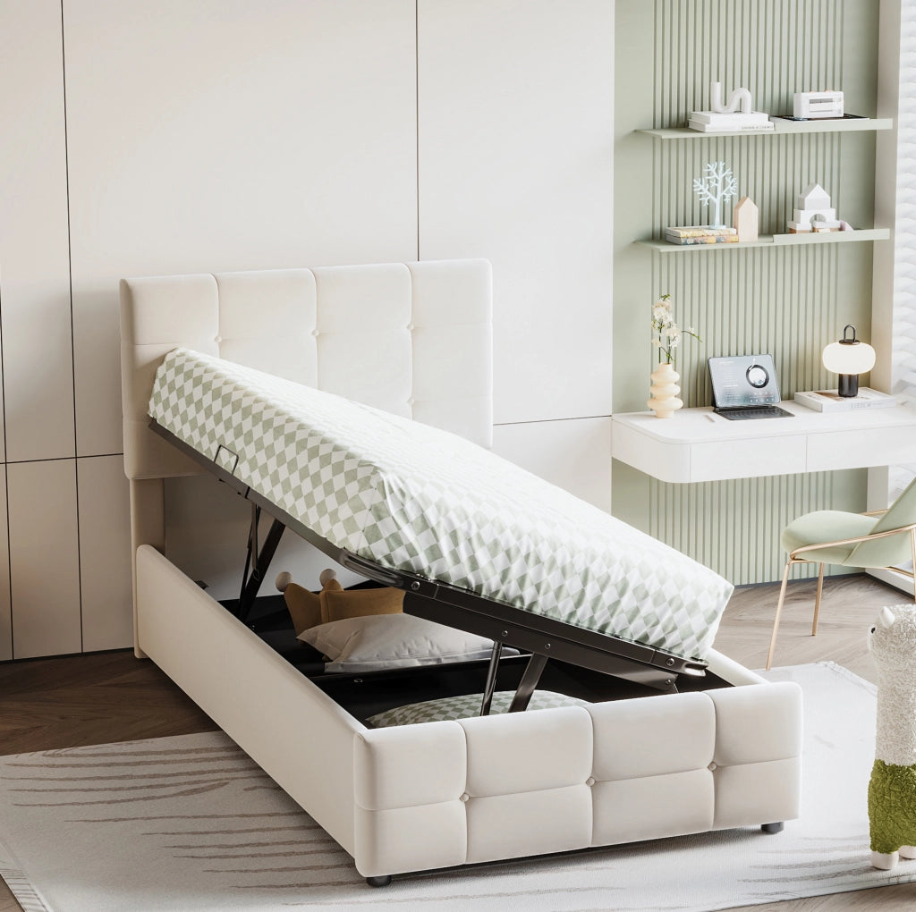 Letto imbottito per bambini 90x200 cm con contenitore idraulico beige