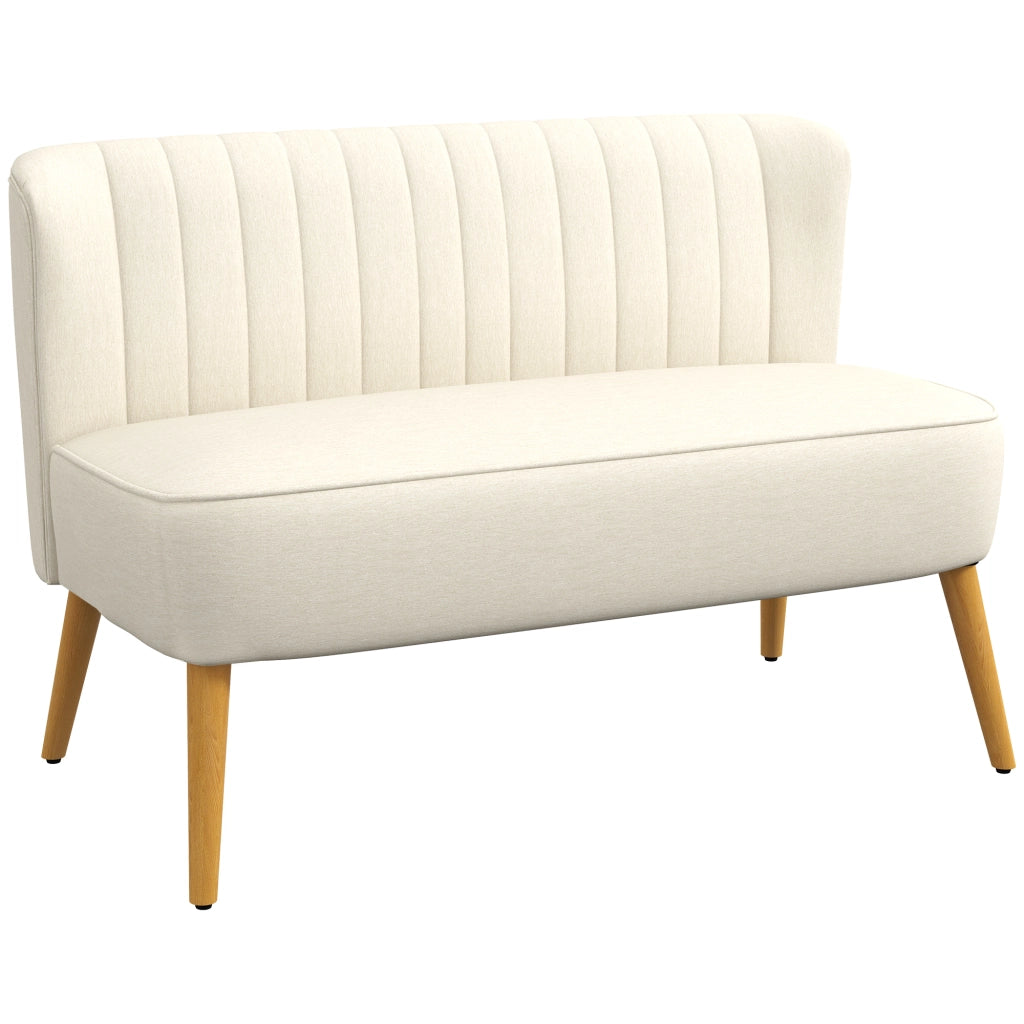 Divano 2 Posti 117x56,5x77 cm Senza Braccioli con Gambe in Legno e Tessuto Effetto Lino Bianco Crema