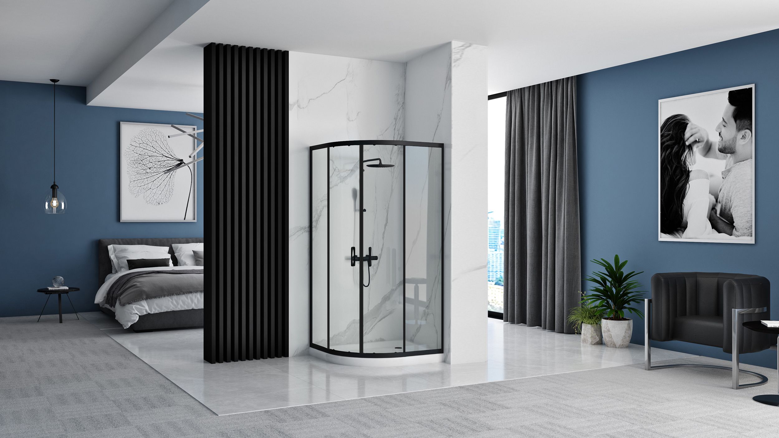 Cabina Doccia Rea Look Black 90x90 + Piatto Doccia Look White