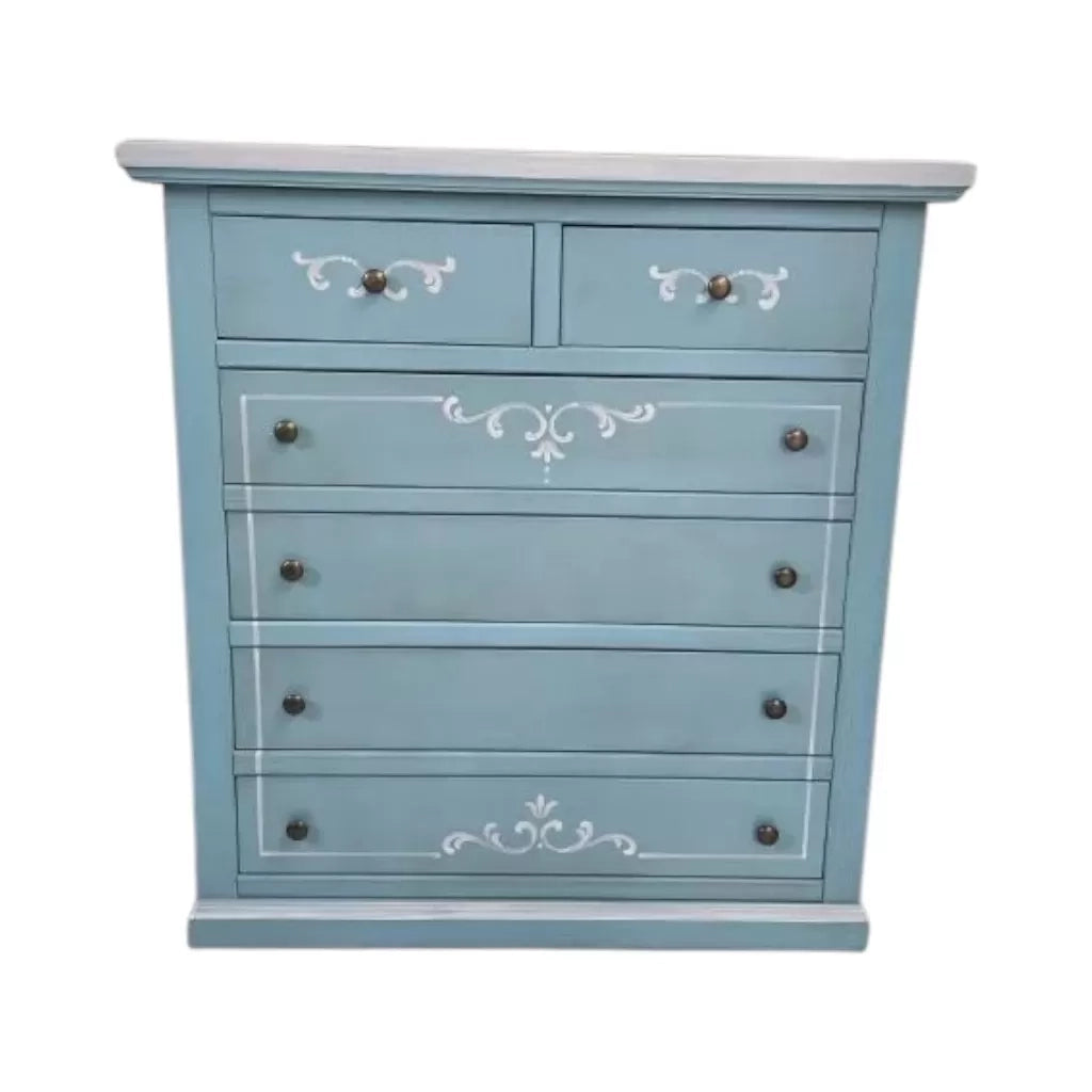 Cassettiera 6 cassetti in legno shabby azzurro anticato decorato 86x40x96 - Mobili 2G