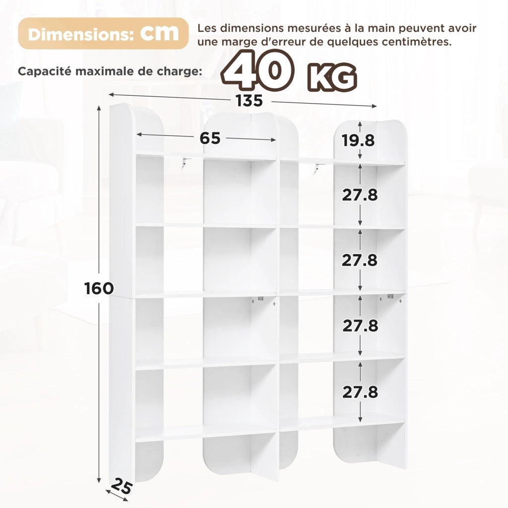 Libreria a giorno con 5 ripiani 160x135x25 cm in truciolare bianco