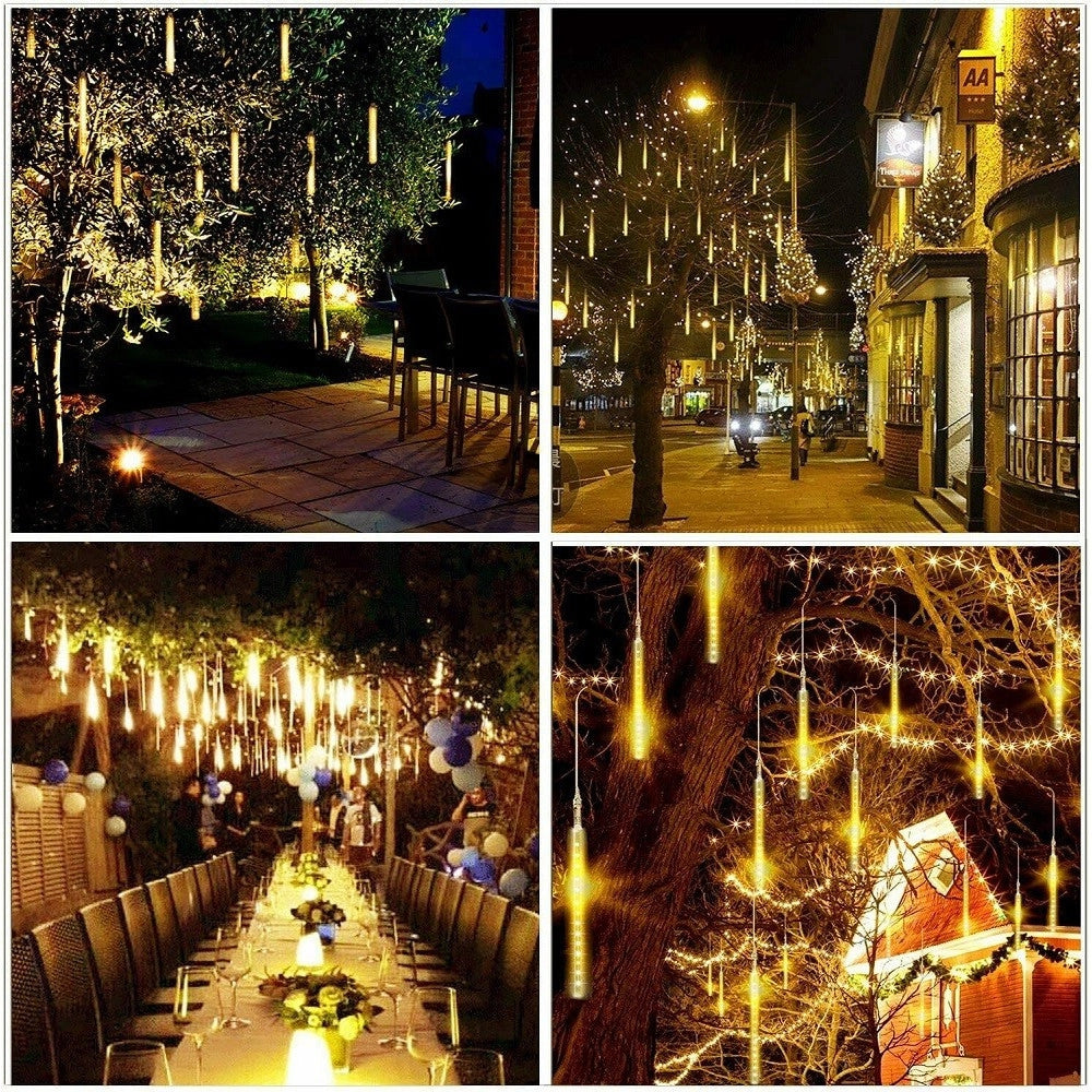 Trade Shop - Luci Natale Da Esterno Natalizie Led Effetto Pioggia Stella Cadente Bianco Caldo -