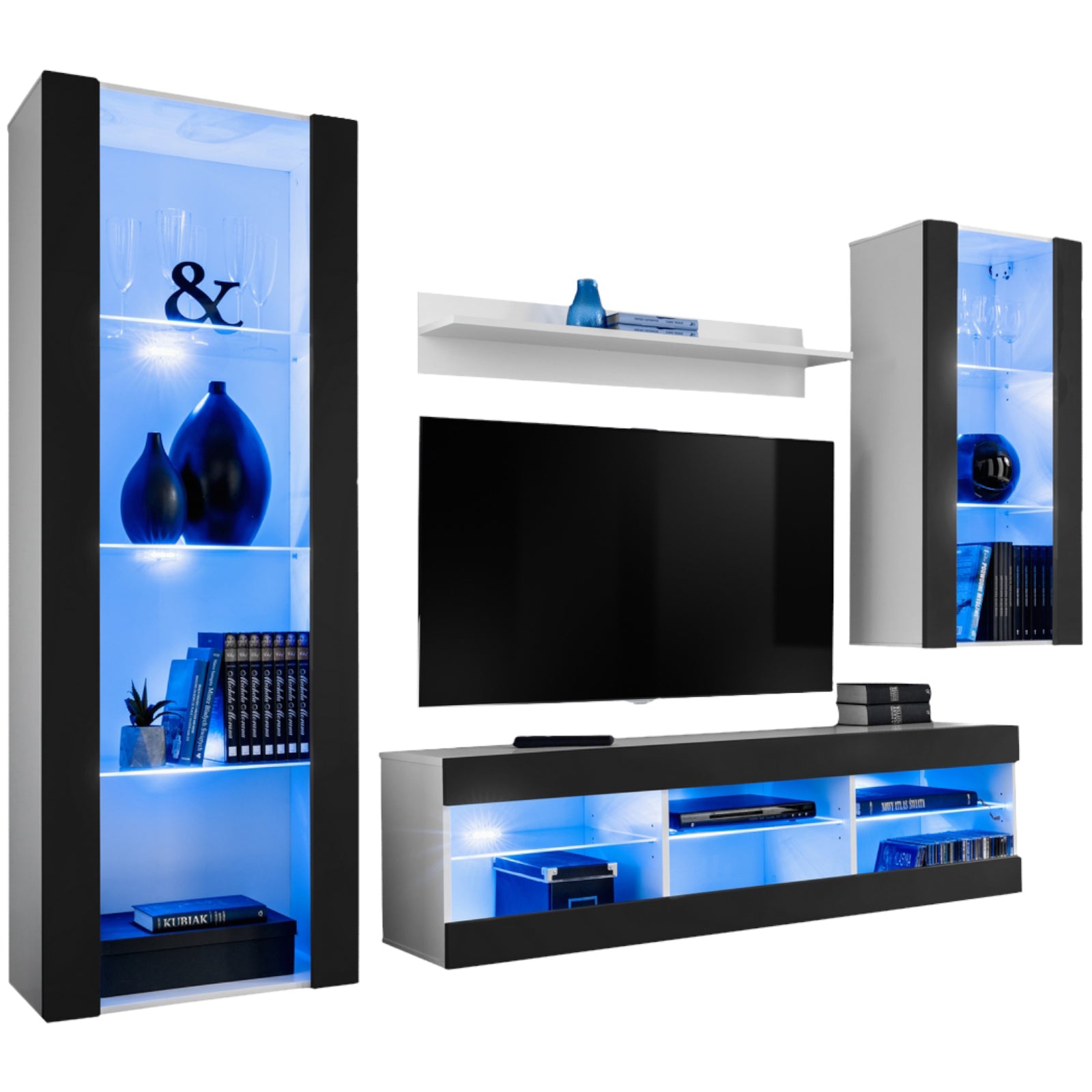 Set Di Mobili Porta TV Tivoli Medio, Komodee, Bianco/Nero, LED Blu, Larghezza 245 cm x Altezza 159 cm x Profondità 35 cm, Per soggiorno, Camera da letto
