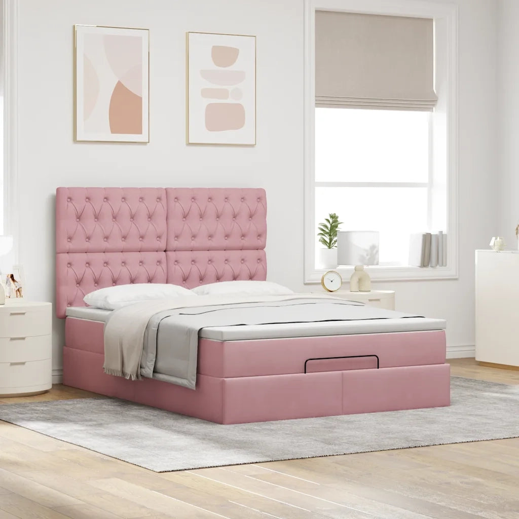 Struttura Letto Pouf con Materassi Rosa 140x200 cm in Velluto 3314401